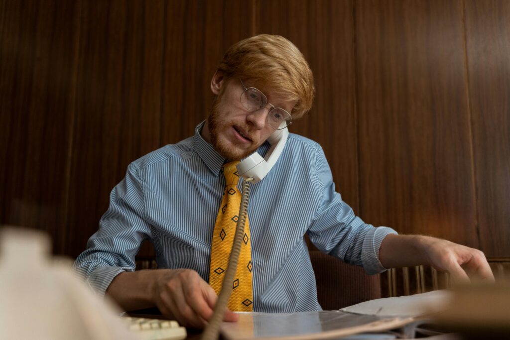 a man on the phone at a desk illustrating Freedom through Self-Discipline