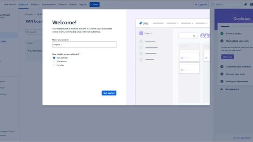 Jira screen with a centered “Welcome!” dialog to name a project and a right-side “Quickstart” panel listing setup steps.