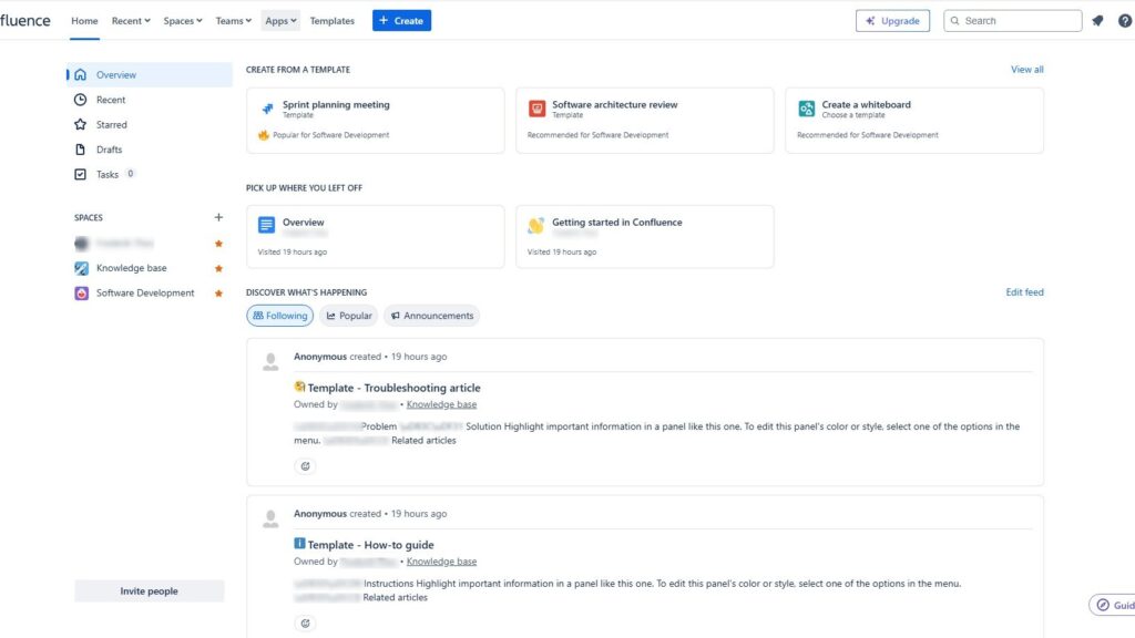 Confluence home dashboard with left navigation (Overview, Recent, Starred, Drafts, Tasks), template cards at the top, and an activity feed below.