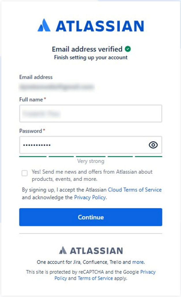 email adress verified and we have to write in our full name and a chosen password