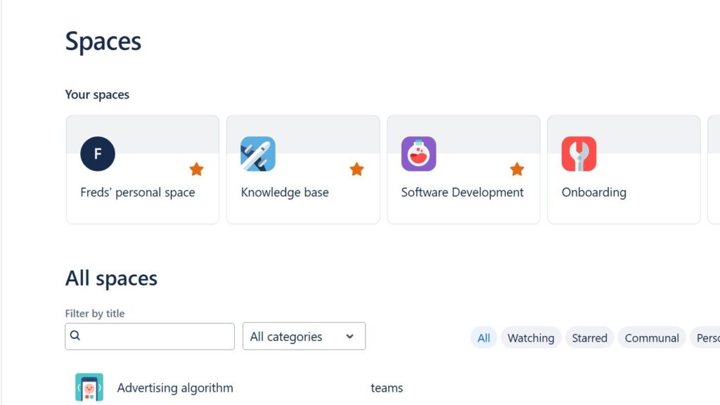 Confluence “Spaces” page showing “Your spaces” cards (Freds’ personal space, Knowledge base, Software Development, Onboarding) and an “All spaces” filter area.
