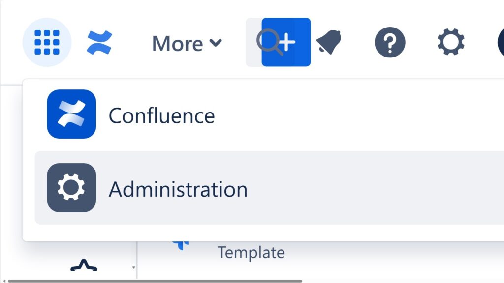 Cropped dropdown/menu showing “Confluence” and “Administration,” with “Administration” highlighted.