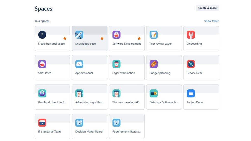 “Spaces” overview grid showing multiple space tiles such as “Freds’ personal space,” “Knowledge base,” “Software Development,” and “Onboarding.”