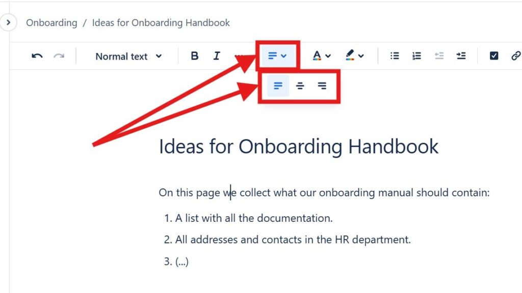 Editor toolbar with alignment dropdown open, showing multiple alignment icons; red arrows point to the alignment control.