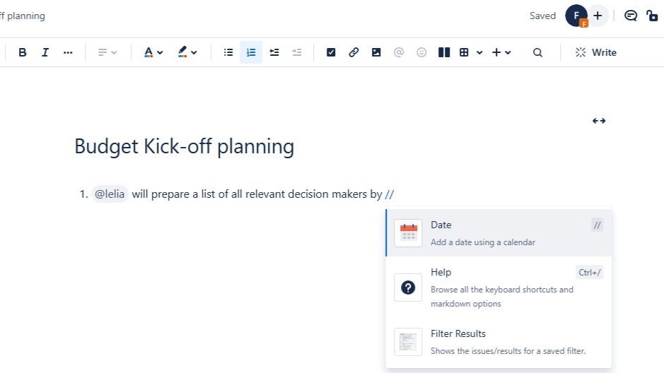Document titled “Budget Kick-off planning” with an insert menu open showing options like “Date,” “Help,” and “Filter Results.”
