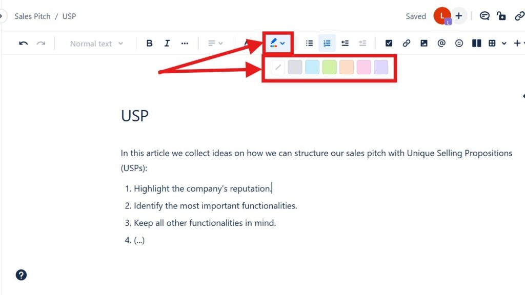 Editor toolbar with a color/highlight dropdown open, showing a row of colored squares; red arrows point to the color tool and palette.