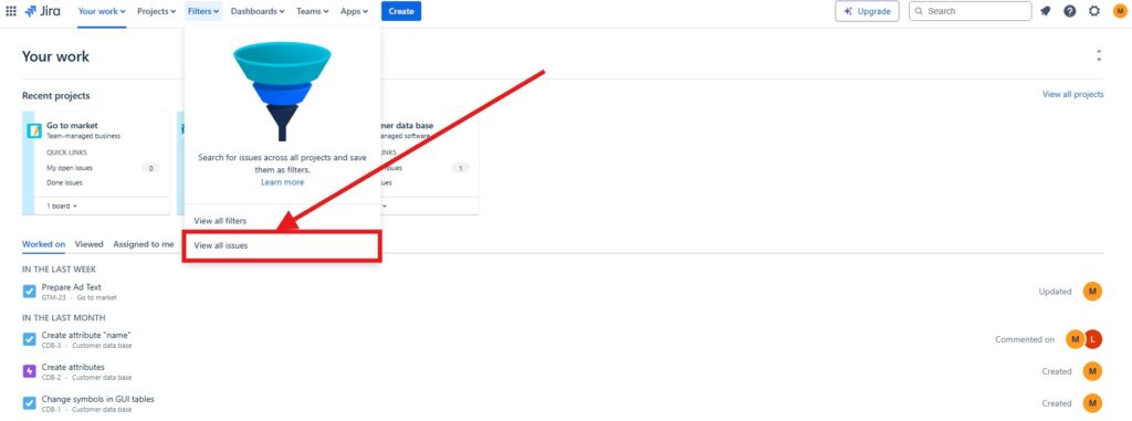 "View all issues" in the filter Section