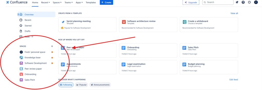navigating to a space to create a Confluence page
