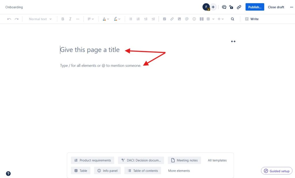 Blank page editor with the placeholder text “Give this page a title,” marked by red arrows.