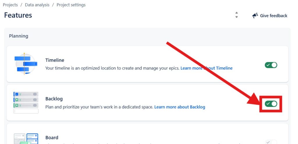 Choosing "Backlog" to illustrate