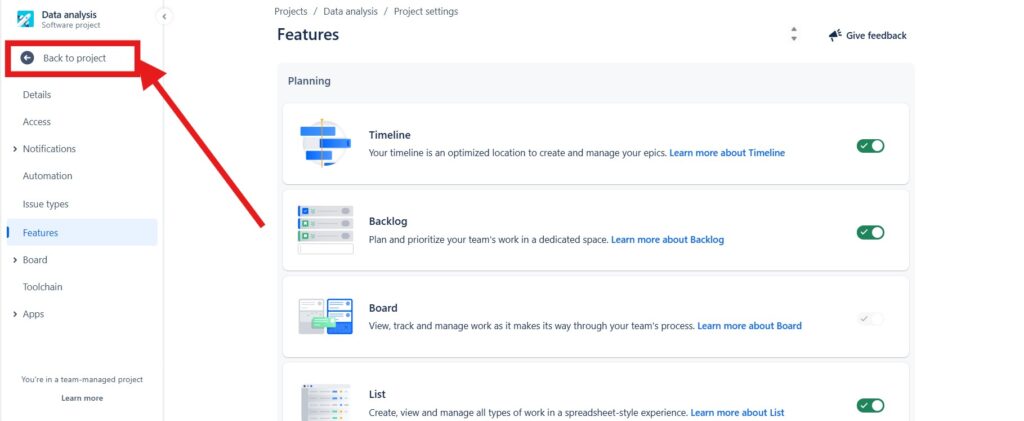 Navigate back to your project to create a view in Jira
