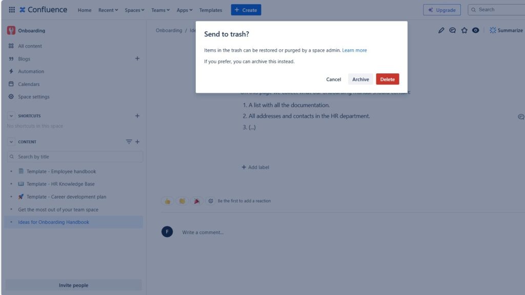 Confirmation dialog titled “Send to trash?” with buttons “Cancel,” “Archive,” and “Delete.”