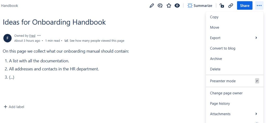 navigate to the delete option in the right menu to delete a page in confluence
