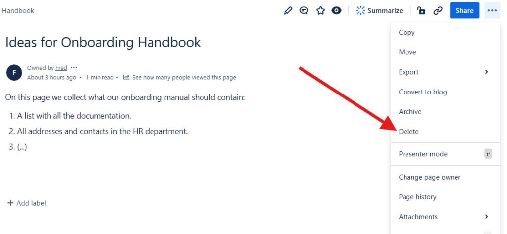 click "delete" on the right menu to delete a page in confluence