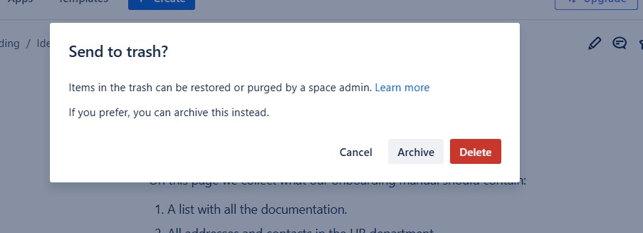 confirm the deletion to delete a page in confluence