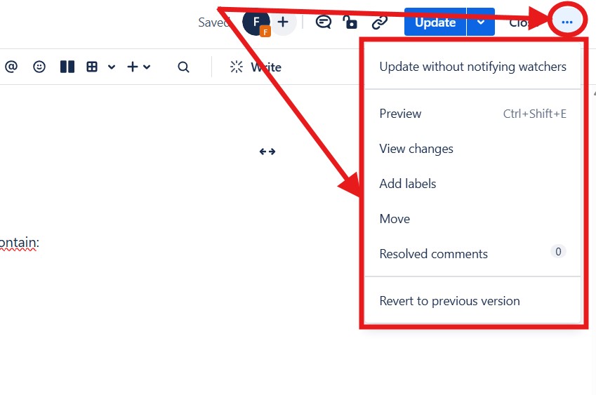 upper right context menu of the confluence editor