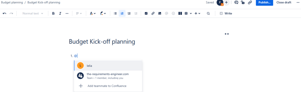 write an "@" to assign a task in confluence