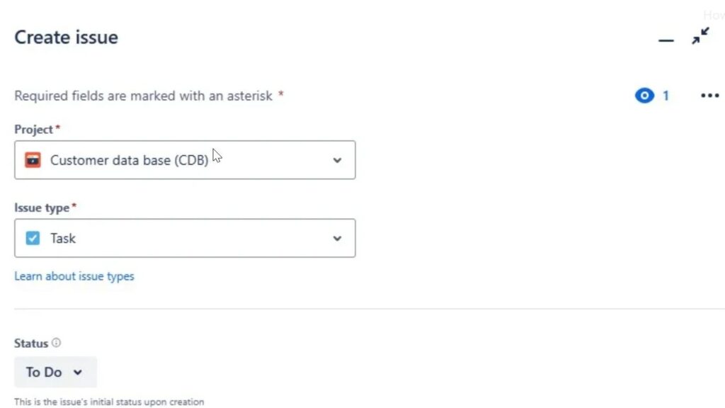 “Create issue” form showing “Project: Customer data base (CDB)” and “Issue type: Task.”