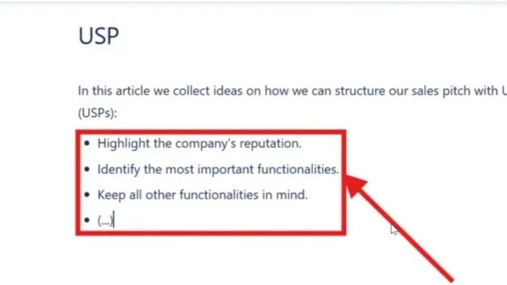 Zoomed-in bullet list inside a red rectangle with an arrow pointing at the list items.