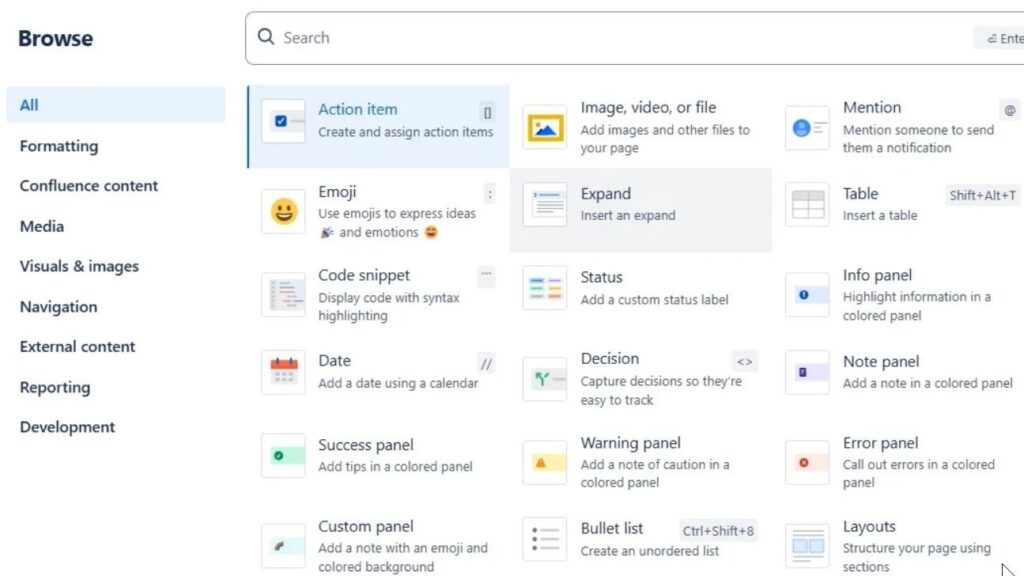 “Browse” panel showing a grid of insert options such as “Action item,” “Image, video, or file,” “Mention,” “Table,” and “Code snippet.”