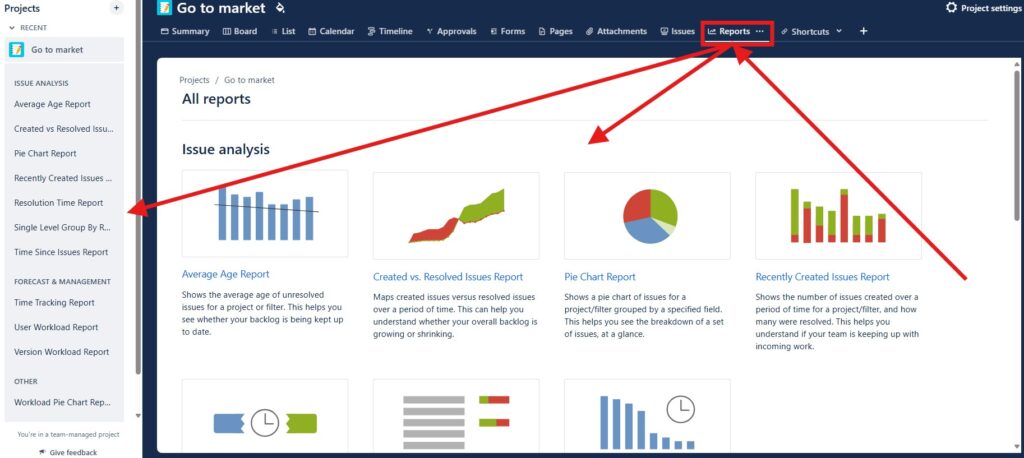 reports in Jira Projects view
