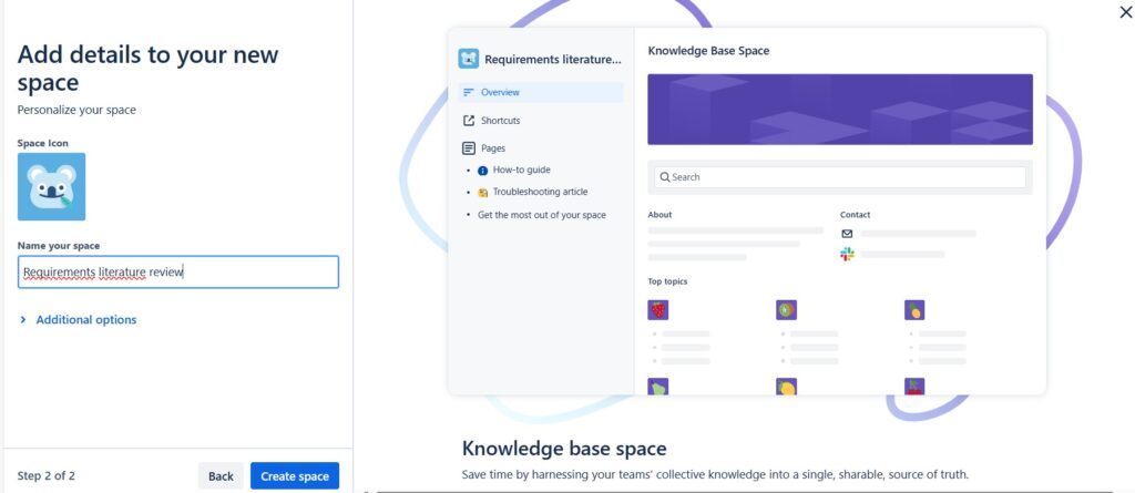 Name the new "Knowledge Base" space in the template creation process