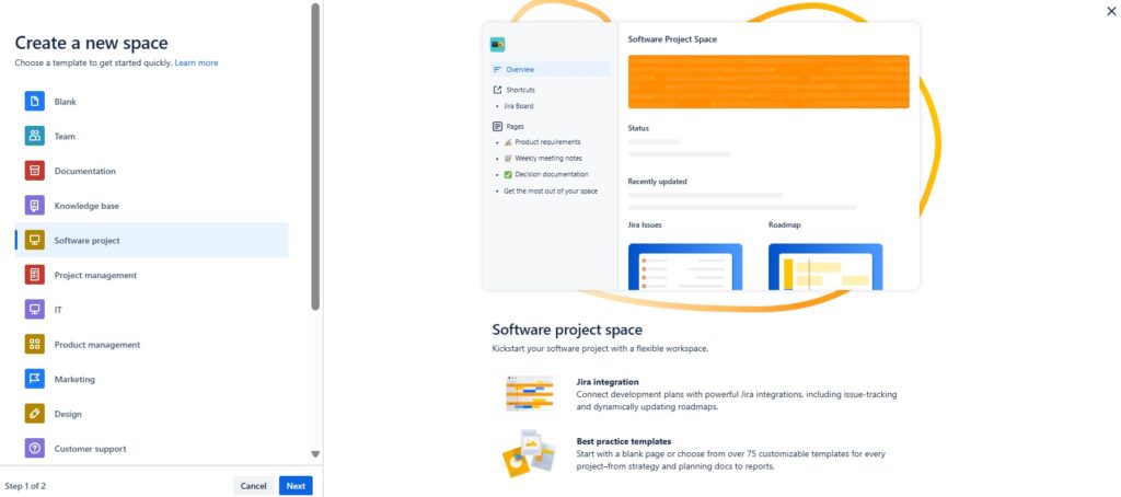 Select the template "Software project" from the template list