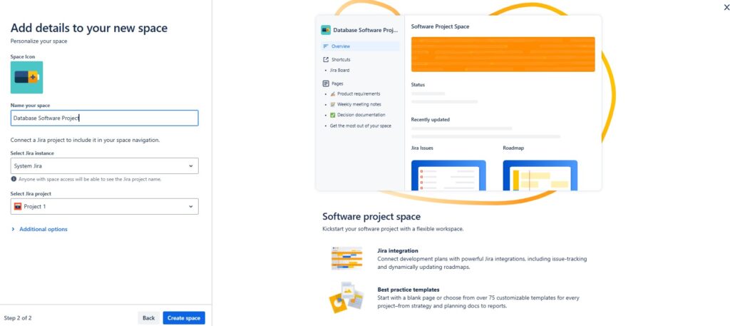 Name the new "Software Project" space in the template creation process