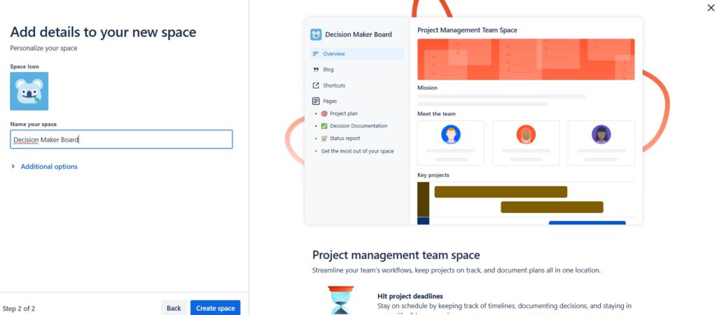 Name the new "Project management" space in the template creation process
