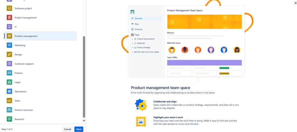 Select the template "Product management" from the template list