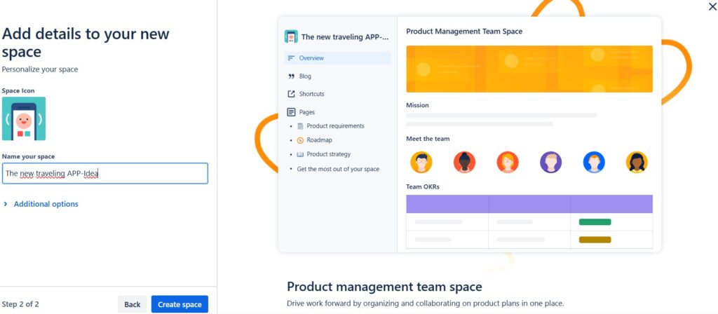 Name the new "Product management" space in the template creation process