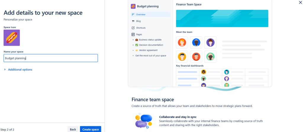 Name the new "Finance" space in the template creation process