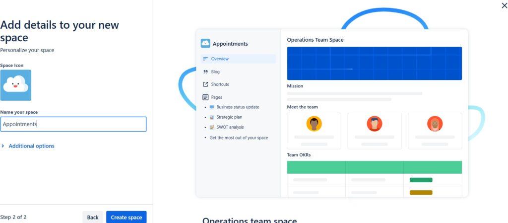 Name the new "Operations" space in the template creation process