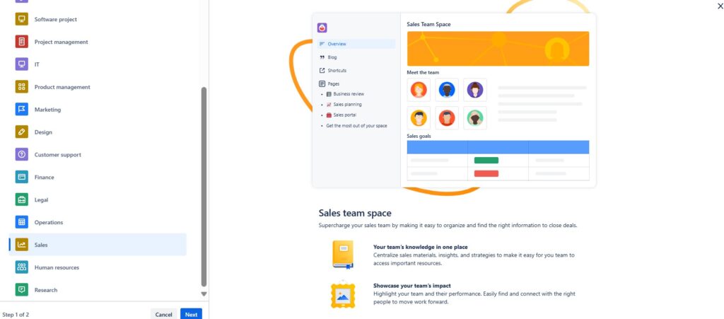 Select the template "Sales" from the template list