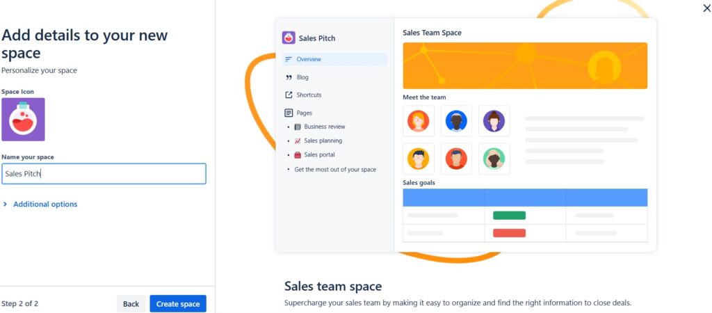 Name the new "Sales" space in the template creation process