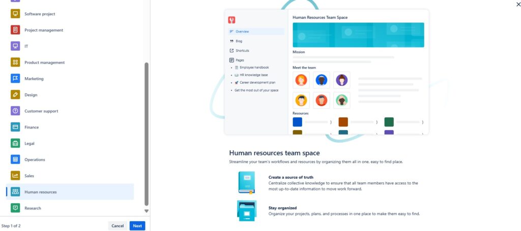 Select the template "Human resources" from the template list