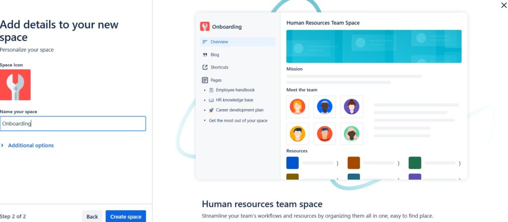 Name the new "Human resources" space in the template creation process