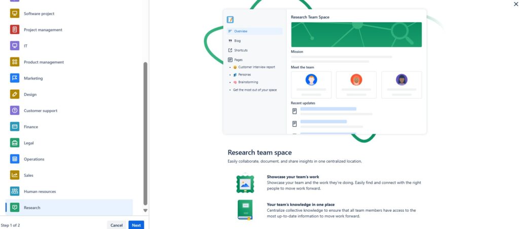 Select the template "Research" from the template list
