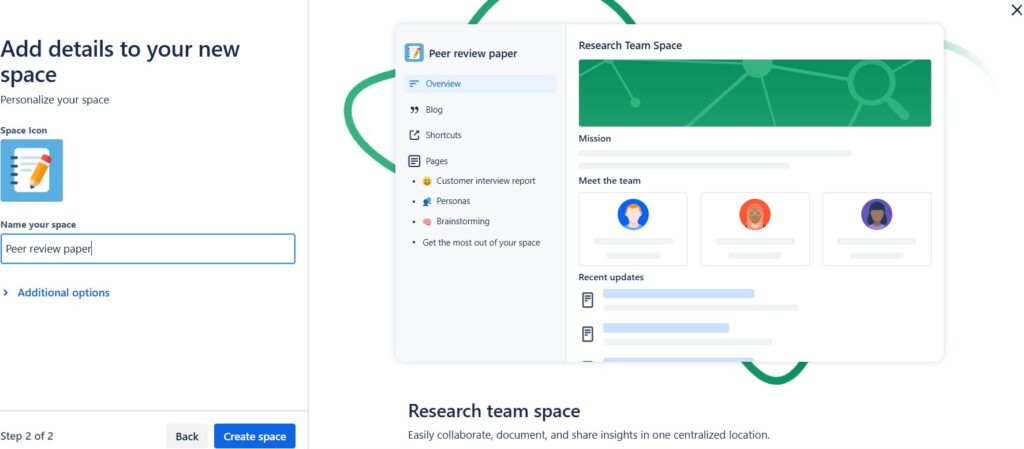 Name the new "Research" space in the template creation process