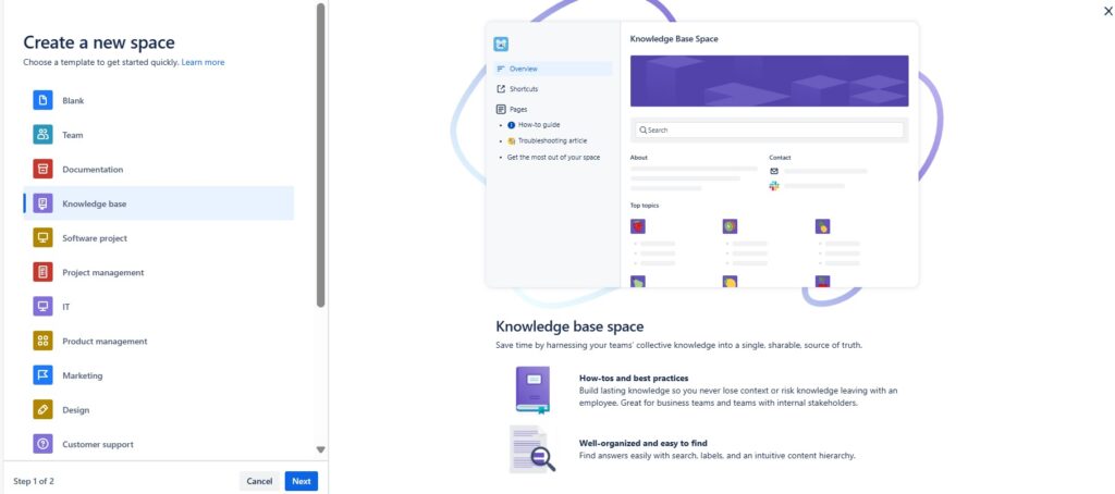 Select the template "Knowledge base" from the template list