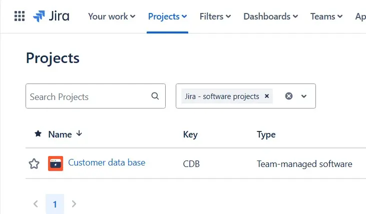 Jira Projects list showing “Customer data base” with key CDB and type Team-managed software.