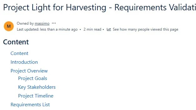 Confluence page header reading “Project Light for Harvesting - Requirements Validati…” with a visible “Content” section listing headings like “Introduction” and “Project Overview.”