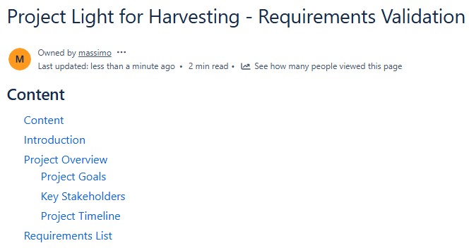 requirements validation snippet of a confluence page