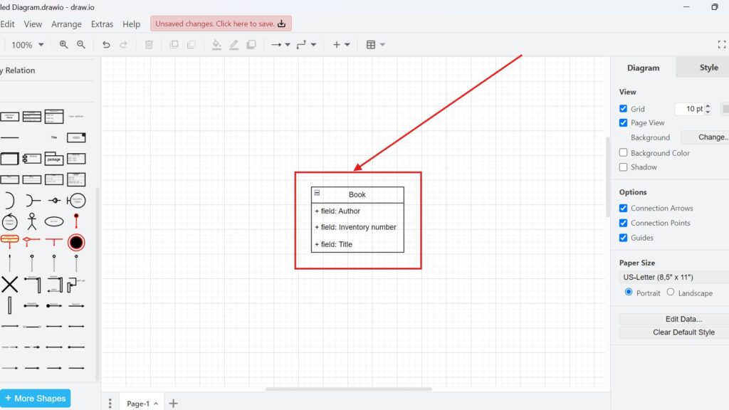 draw.io editor showing a “Book” box with “+ field: Author,” “+ field: Inventory number,” and “+ field: Title,” highlighted in red with an arrow.