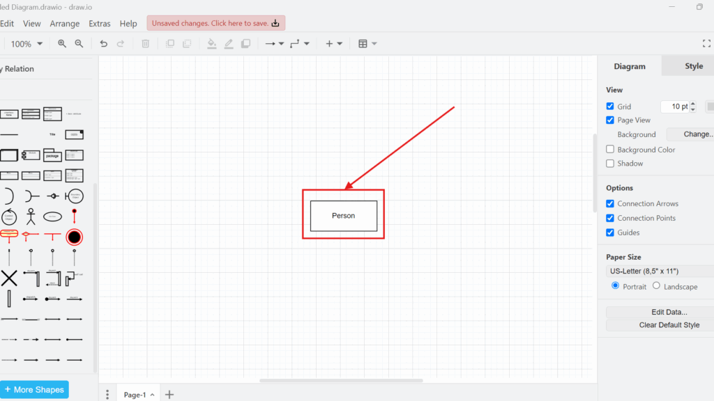 draw.io editor screenshot with a centered box labeled “Person,” highlighted by a red rectangle and a red arrow.
