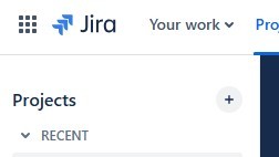 Cropped Jira interface showing the Jira logo in the top bar and a left sidebar section titled “Projects” with “RECENT.”