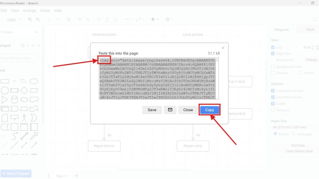 Draw.io “Paste this into the page” dialog with an snippet and a red arrow pointing to “Copy.”