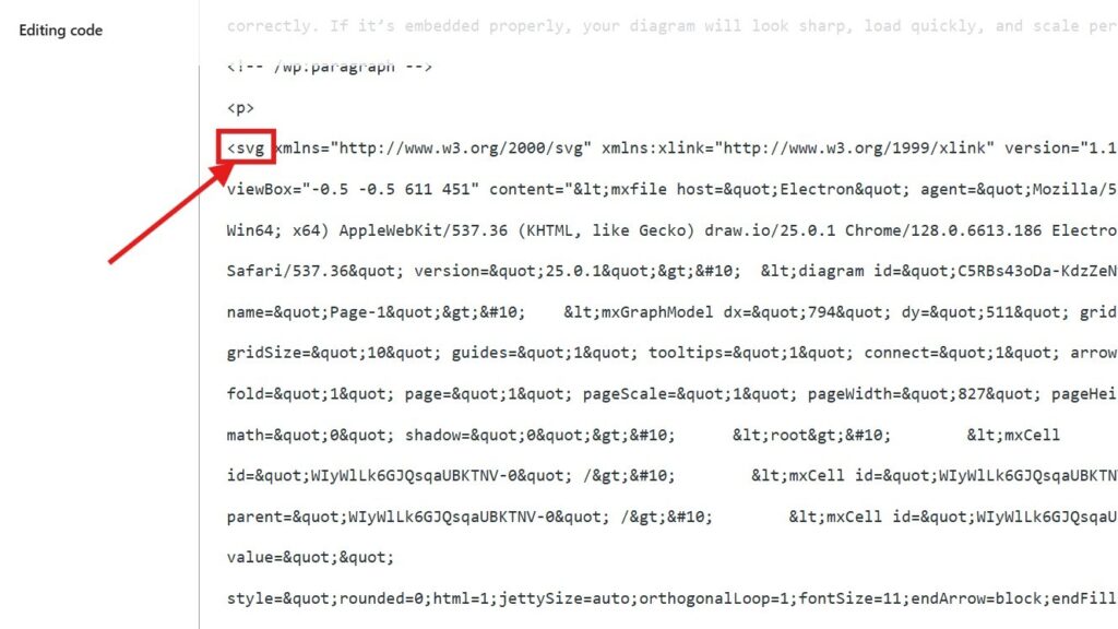 Code editor view showing an tag, highlighted with a red box and red arrow.