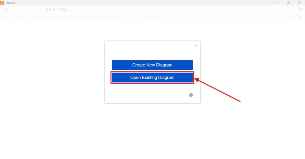 Draw.io start modal with two buttons, with “Open Existing Diagram” highlighted by a red box and arrow.