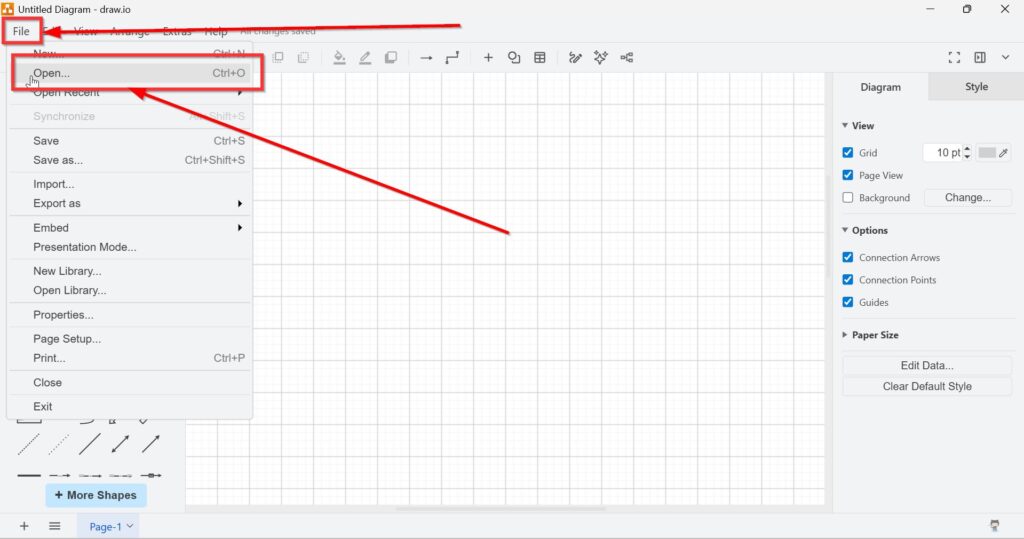 draw.io top menu click on File then New then Open